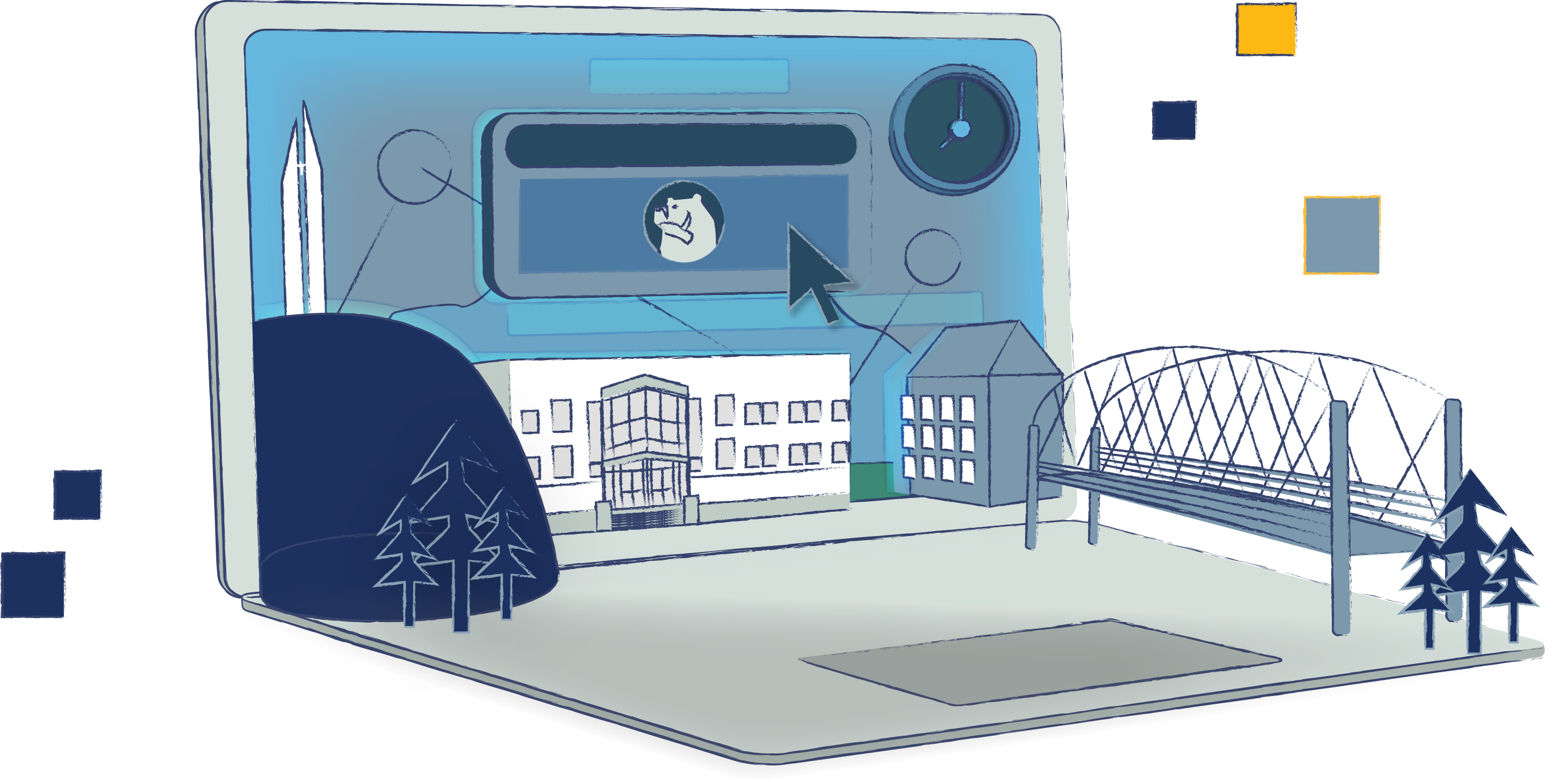 Illustration of a laptop with George Fox buildings on the screen