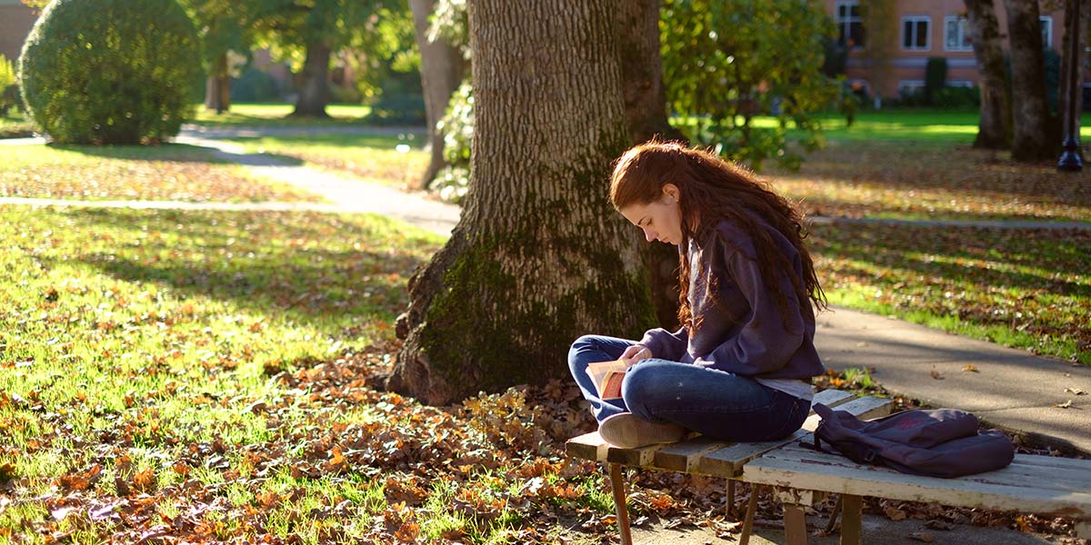 Student studying on the quad