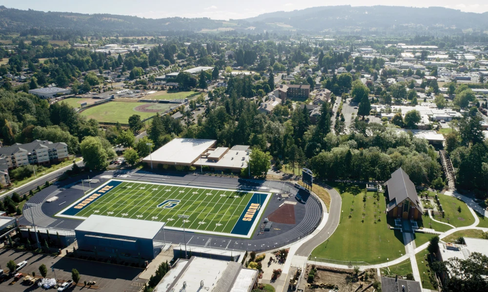 overhead view of Stoffer Stadium and the surrounding area