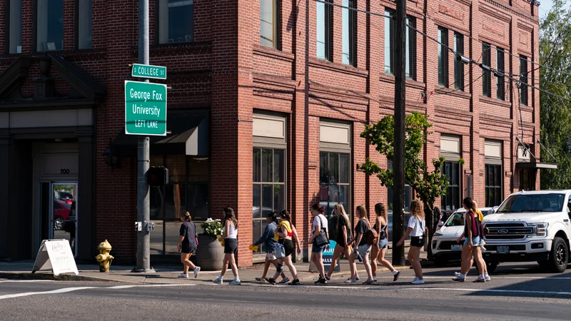 students walking in downtown Newberg