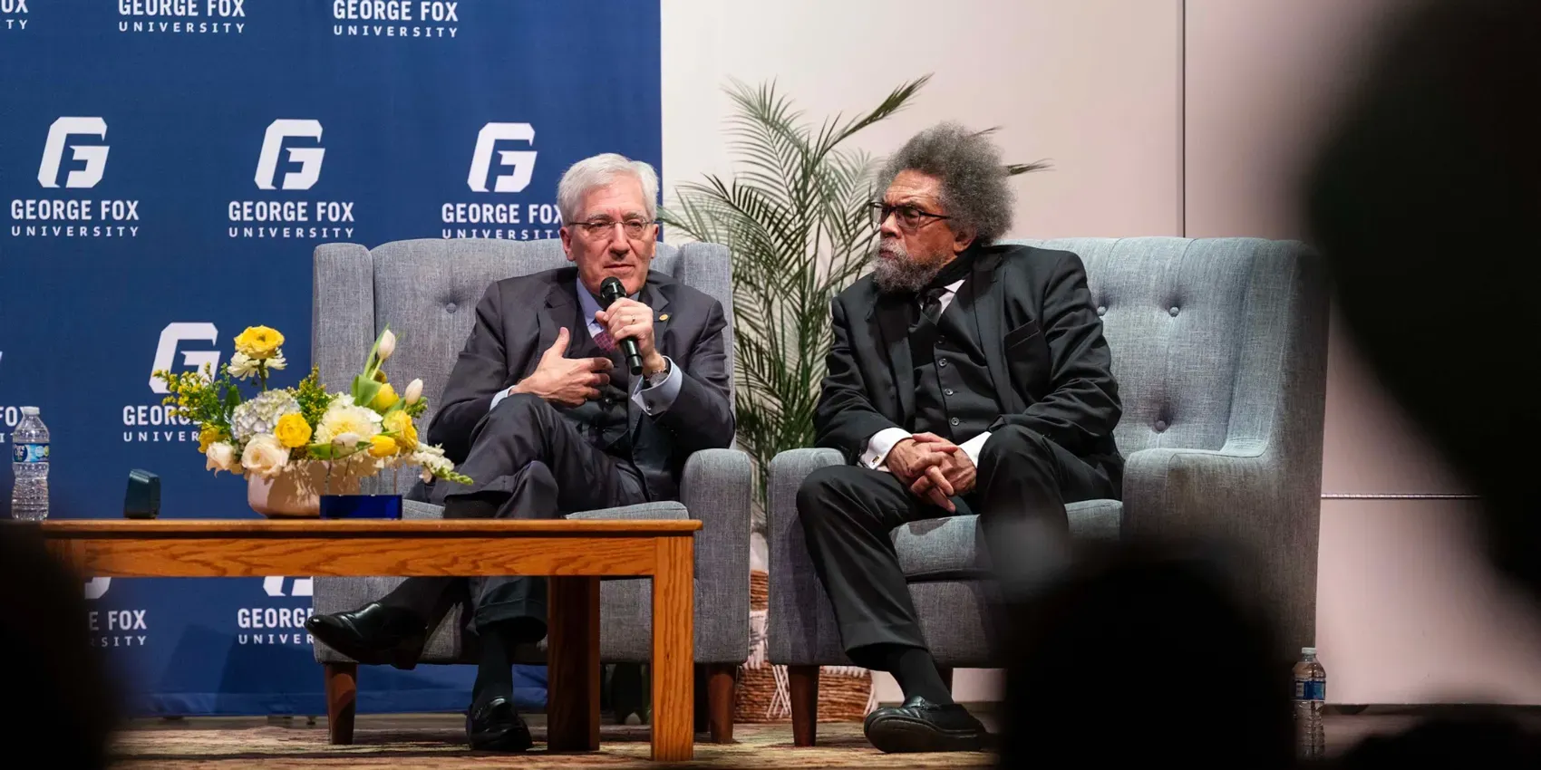 Cornel West and Robert P. George joint lecture in front of the George Fox University community