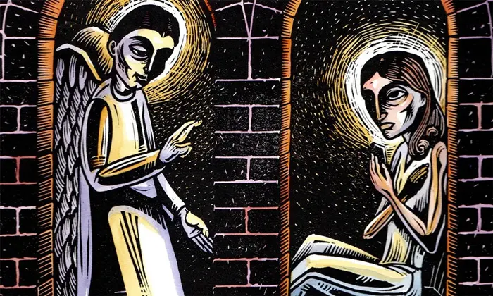 illustrated woodblock image of an angle and Mary
