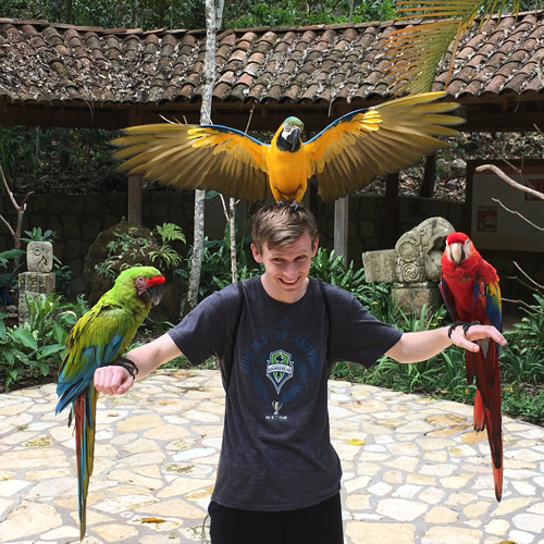Photo of a student holding three colorful parrots