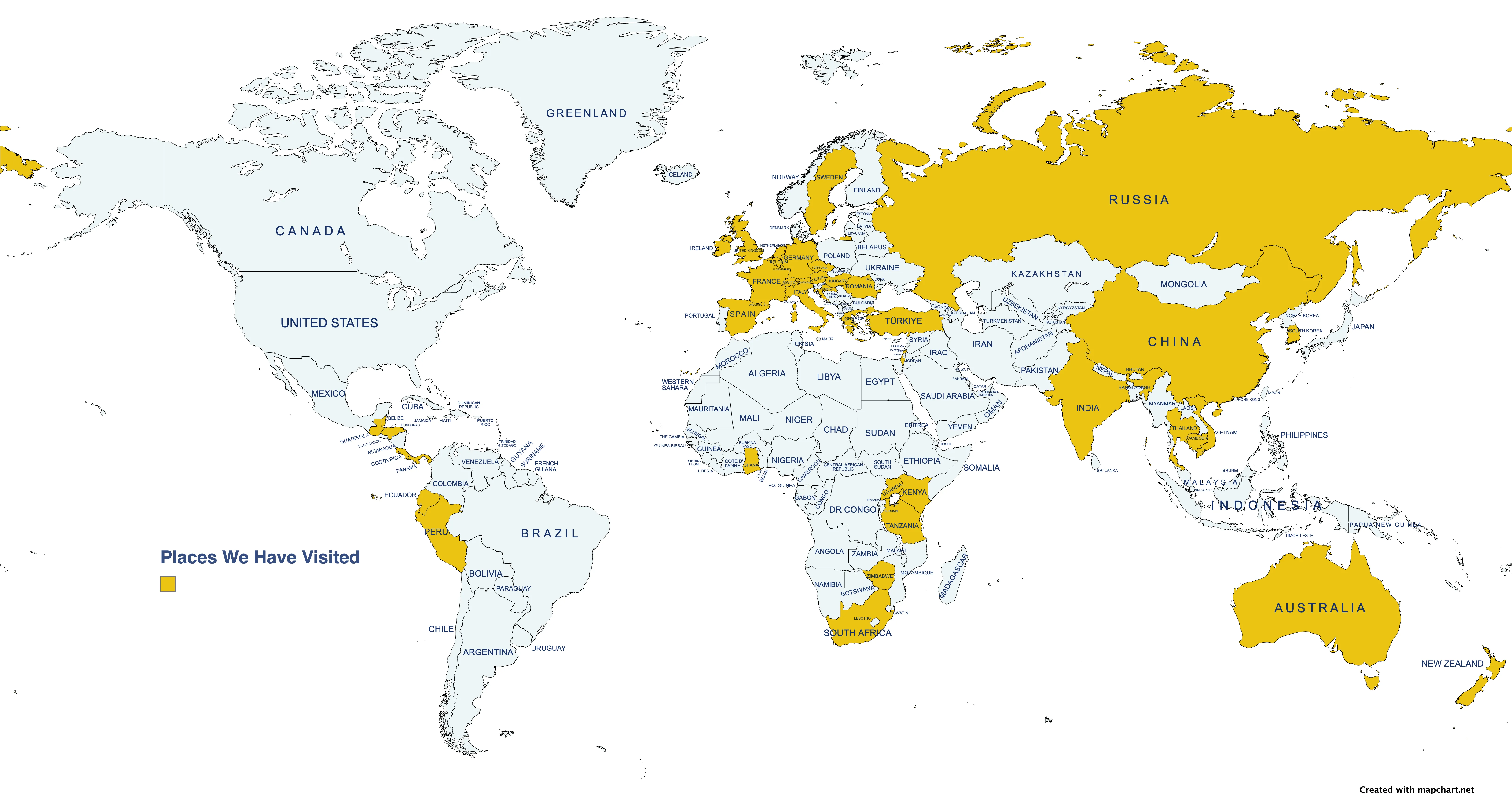 Map showing the countries George Fox students have visited