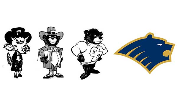 Four images depicting the evolution of George Fox University's logo, transitioning from a fox, to variations of bear logos