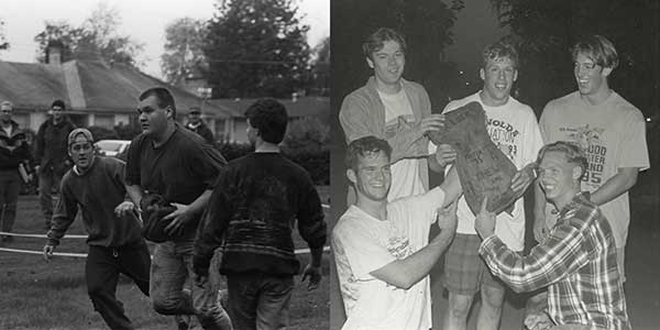 Two images from 1995 showing a student running and a group of students celebrating with the Bruin Jr