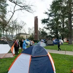 A cluster of tents on the quad