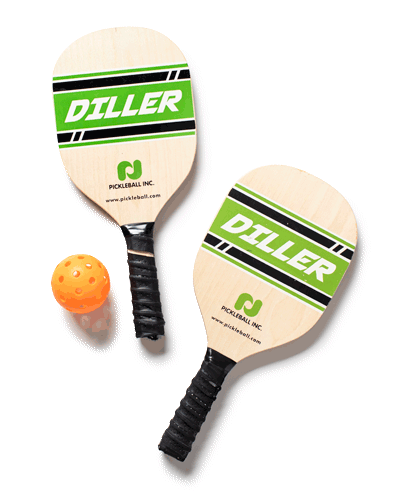 2 green pickleball rackets and ball