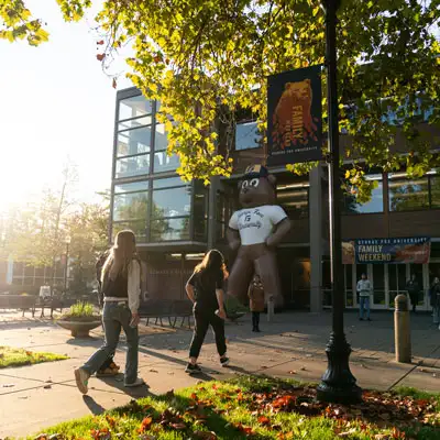 Students walking toward Stevens while sun glows in the background