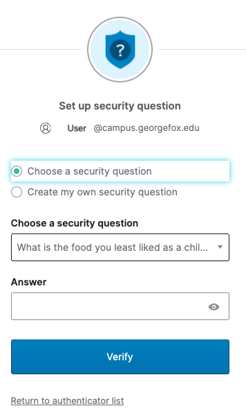 Image of initial screen for security question setup.