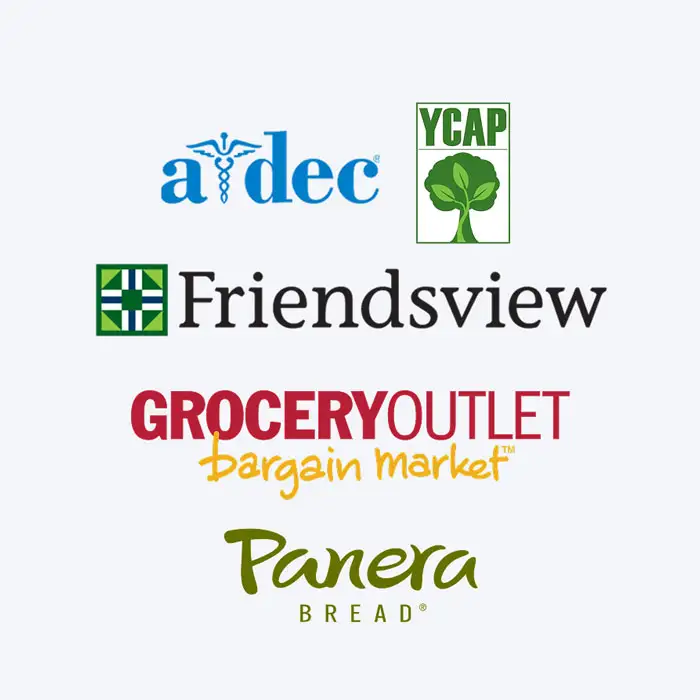adec, YCAP, Friendsview, Grocery Outlet, and Panera logos